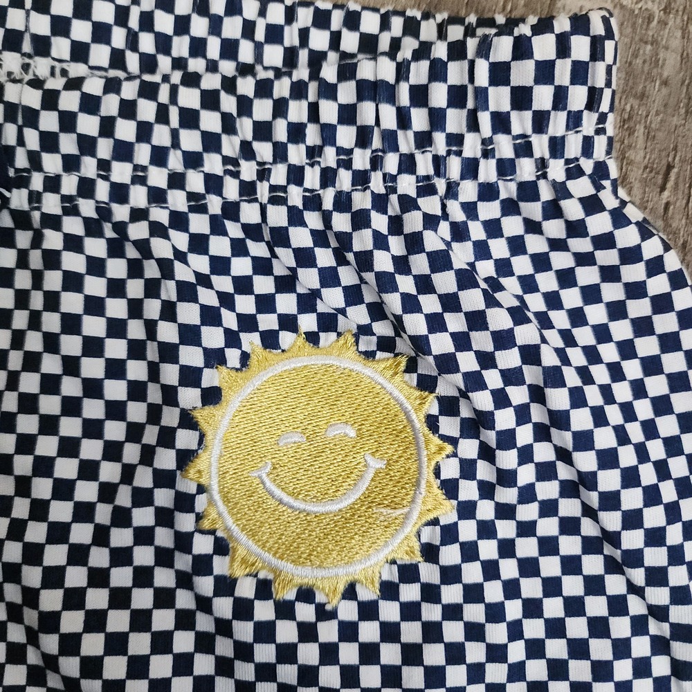 Life is Good Sleep Shorts Womens Medium Navy Blue Checkered Sun Smiley Lounge - Picture 2 of 6